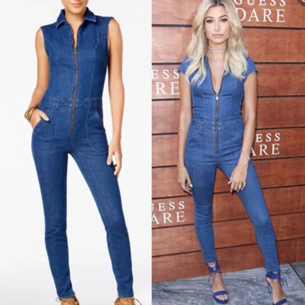 GUESS Sleeveless Zipper Denim Full Length Jumpsuit | Size 10